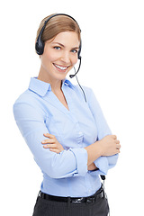 Image showing Call center, portrait and woman in studio for telemarketing, contact us marketing or telecom. Proud woman consultant, customer support worker or callcenter employee smile on face on white background