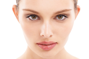 Image showing Face, beauty and woman in portrait with skin, skincare closeup with glow against white background. Eyes, vision and facial zoom with makeup and natural cosmetics, dermatology and wellness