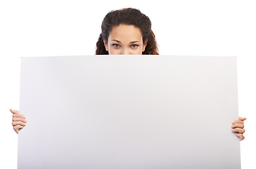 Image showing Black woman, blank board and empty sign with eyes peeking in studio for sales marketing, advertising and company news mockup banner. African girl, peekaboo and design signage in white background