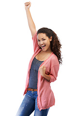 Image showing Portrait, winner and success celebration of woman in studio isolated on a white background mock up. Winning, achievement and happy young female fist pump celebrating goals, targets or lottery victory