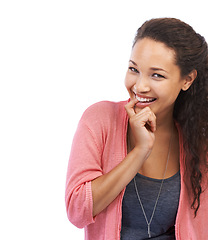 Image showing Planning, idea and woman biting finger portrait with happy, aha and cheerful smile with mock up. Happiness of black woman with ideas, confidence and optimistic mindset in white background.