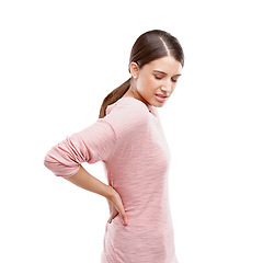 Image showing Woman, studio and back pain from stress, burnout or spine health problem isolated on a white background. Female with bad body posture or muscle injury in studio for anatomy, fibromyalgia and massage