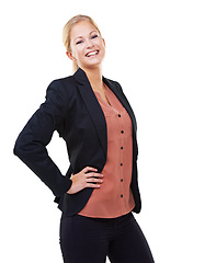 Image showing Portrait, business woman and smile with white background, leadership and success in Sweden. Happy female model, entrepreneur and professional worker with motivation, happiness and trust in management
