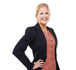 Image showing Portrait, happy and business woman with white background, leadership and success in Sweden. Female model, entrepreneur and professional worker smile with motivation, happiness and trust in management
