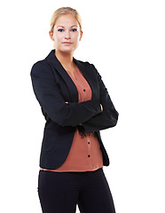 Image showing Leadership, portrait and business woman with arms crossed in studio isolated on a white background mock up. Ceo, boss and face of confident female entrepreneur with vision, mission or success mindset