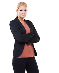 Image showing Portrait, leadership and business woman with arms crossed in studio isolated on a white background mock up. Ceo, boss and face of confident female entrepreneur with vision, mission or success mindset