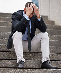 Image showing Stress, depression and businessman with anxiety in city, corporate mistake and professional burnout in Singapore. Mental health, fail and employee sad about job loss, problem and resignation