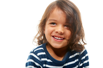 Image showing Boy, child and smile of a happy kid feeling happy and calm with isolated white background. Happiness, young and young person smiling with youth, positive and cute feeling with mock up space