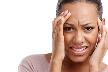 Image showing Woman, headache and mental health problems, stress or depression holding head in discomfort against a white studio background. Closeup portrait of isolated female suffering from pain, ache or illness