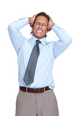 Image showing Stress, burnout and anxiety headache of businessman overwhelmed with career problem or fail. Mental breakdown of depressed, frustrated and tired corporate man at isolated white background.