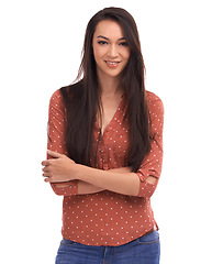 Image showing Asian woman, happy portrait and smile with arms crossed, pride and motivation isolated on white background. Face of female leader marketing beauty, cosmetic and makeup with positive mindset in studio