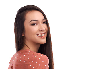 Image showing Beautiful, young woman and smile for beauty profile or empowerment against a white studio background. Portrait of a isolated female smiling in happiness, vision or satisfaction on white background