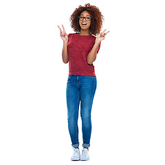 Image showing Portrait, peace and emoji with a black woman in studio isolated on a white background with a hand sign. Comic, social media and gesture with a happy young female posing on blank advertising space