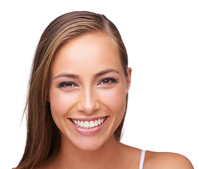 Image showing Beauty, cosmetic and portrait of a woman in a studio with a makeup, face or natural routine. Skincare, cosmetics and happy female model from Brazil with a skin treatment isolated by white background.