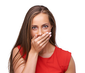 Image showing Woman, portrait and face with surprise, shocked and wow emoji with hand covering mouth while speechless. Excited female model isolated on white background for fake news, secret and sale announcement