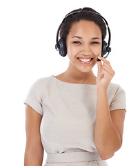 Image showing Woman, studio portrait and call center headphones with smile, communication and white background. Isolated crm consultant, happy telemarketing and black woman for customer support, tech and success