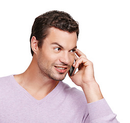 Image showing Man, thinking and phone call conversation in studio for online communication, mobile phone discussion and isolated in white background. Casual person, smartphone and idea vision or speaking on call