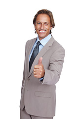 Image showing Mature businessman, portrait or thumbs up hand on isolated white background for success, growth or finance motivation. Smile, happy or leadership and thumb, yes gesture or winner good luck on mock up