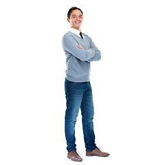 Image showing Corporate, success and business man on a white background for leadership, motivation and career. Professional worker, smile and isolated male entrepreneur with crossed arms for confident attitude