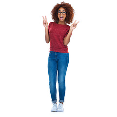 Image showing Portrait, peace and hand sign with a black woman in studio isolated on a white background for social media. Comic, emoji and gesture with a happy young female posing on blank advertising space