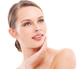 Image showing Happy woman, face or beauty skincare and makeup cosmetics, dermatology self love or healthcare wellness routine. Zoom, model or hand on facial glow, healthy collagen or hairstyle on white background