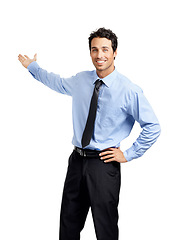 Image showing Portrait, business and man with presentation, corporate and speaker isolated on white studio background. Male employee, presenter and entrepreneur with feedback, smile and communication on backdrop