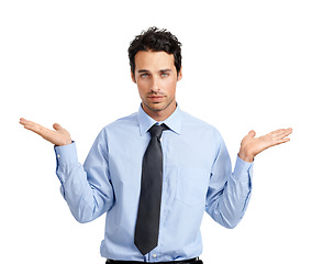 Image showing Serious businessman and portrait with hands product placement mockup for choice, decision and dilemma. Unsure, doubt and options of corporate man with white studio background for marketing.