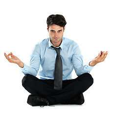 Image showing Yoga meditation portrait, relax and businessman meditate for stress relief, spiritual mental health or chakra energy healing. Lotus, zen mindset peace or worker mindfulness on white background studio