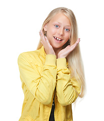 Image showing Young girl, face and happy surprise hands for announcement, excited happiness and child portrait in white background studio. Teenager, wow and preteen hand frame facial smile for shocked vision