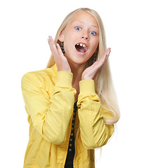 Image showing Young girl, smile and surprised face portrait in studio for comic fun, excited news or playful mindset. Trendy kid, shocked facial expression and wow hands, crazy meme or funny teenager announcement