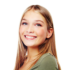 Image showing Portrait, face and beauty with a female teen in studio on a white background to promote cosmetics. Makeup, model and smile with a happy young teenager inside for cosmetic product advertising