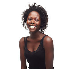 Image showing Beauty hair care, face portrait and black woman in studio on a white background mock up. Skincare, makeup cosmetics and self love of female model with beautiful afro after salon treatment for growth.