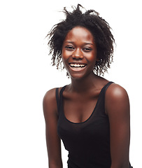 Image showing Face portrait, beauty skincare and black woman in studio on a white background mock up. Makeup, cosmetics and self love of female model with beautiful, healthy and glowing skin after spa treatment.