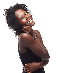 Image showing Face portrait, hair care and beauty of black woman in studio on white background mock up. Makeup cosmetics, skincare and self love of female model with beautiful afro after salon treatment for growth