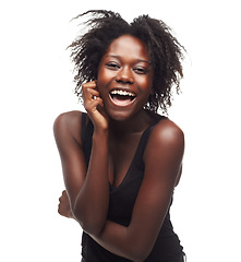 Image showing Portrait, skincare and black woman with smile, wellness and healthcare for natural beauty, cosmetics and isolated on white studio background. Nigerian female, lady and happy with confidence or luxury