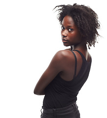 Image showing Black woman, natural beauty and african model portrait with isolated white background. Fashion, woman and black women empowerment with a person from Jamaica feeling calm with studio mock up