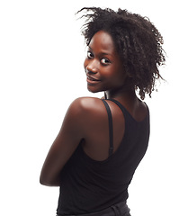 Image showing Black woman, back and smile for happy profile beauty against a white studio background. Portrait of a beautiful isolated young African American woman expressing positivity on a white background