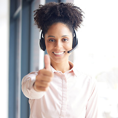 Image showing Thumbs up, call center and woman in business portrait success for telemarketing sales, goals and target with like or yes. Contact us, thank you hand sign and customer service or online support agent