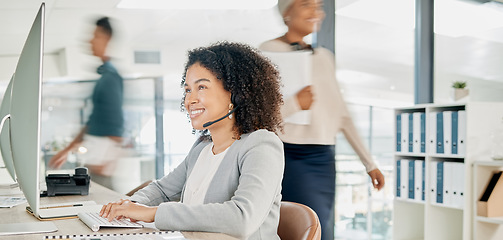 Image showing Black woman, call center and computer with CRM and contact us, phone call with customer service or telemarketing. Tech support, technology and office with communication and contact center employee.