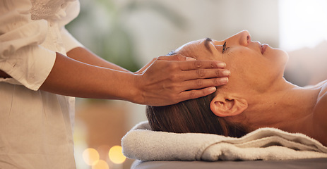 Image showing Woman, relax and hands for scalp massage in salon beauty spa for skincare wellness, stress relief and zen body care. Healing therapy, therapist and physical therapy, head or luxury facial dermatology