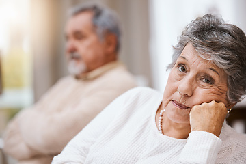 Image showing Senior couple, stress and depressed together on home living room couch thinking about divorce, retirement and financial problem or crisis. Old man and woman with conflict in marriage after fight