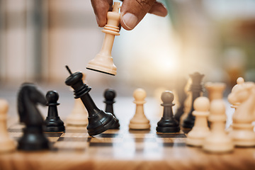 Image showing Chess, man and hand with king from board game for winning strategy, tabletop tournament and sports games. Closeup chessboard, checkmate and smart move playing in contest, problem solving or challenge