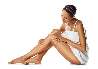 Image showing Body, legs and skincare woman on studio floor for spa beauty, cellulite treatment or cosmetics marketing mockup. Dermatology, aesthetic and woman model with hair removal results for advertising