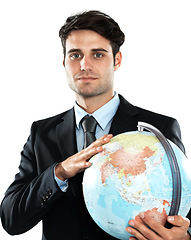 Image showing Global, business and man holding earth in studio portrait, international sustainability industry isolated on white background. worldwide work and corporate logistics businessman with planet in hands.