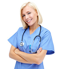 Image showing Woman, doctor and smile with arms crossed and stethoscope for healthcare against a white studio background. Portrait of a isolated female medical professional standing and smiling on white background