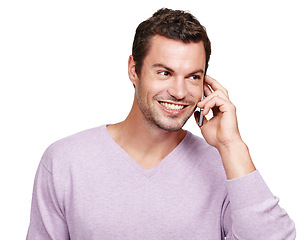 Image showing Phone, mobile call and man with smile and contact online talking on technology with white background. Isolated, happiness and conversation of a person on a mobile phone speaking with mock up