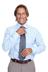 Image showing Business man, tie and smile portrait of a model happy about corporate job with white background. Isolated, finance employee and vertical professional worker person getting ready for working