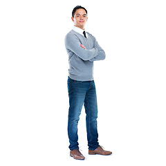 Image showing Corporate, fashion and business man on a white background for leadership, motivation and career. Professional worker, success and isolated male entrepreneur with crossed arms for confident attitude