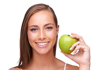 Image showing Apple, wellness and portrait of woman on a white background for healthy lifestyle, cosmetics and wellbeing. Diet, digestion and face of girl with fruit for organic products, vitamins and nutrition