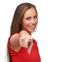 Image showing Choice, smile and portrait of a woman pointing on a white background isolated in a studio. Excited, happy and hand of a girl model with a finger gesture for a decision on a studio background